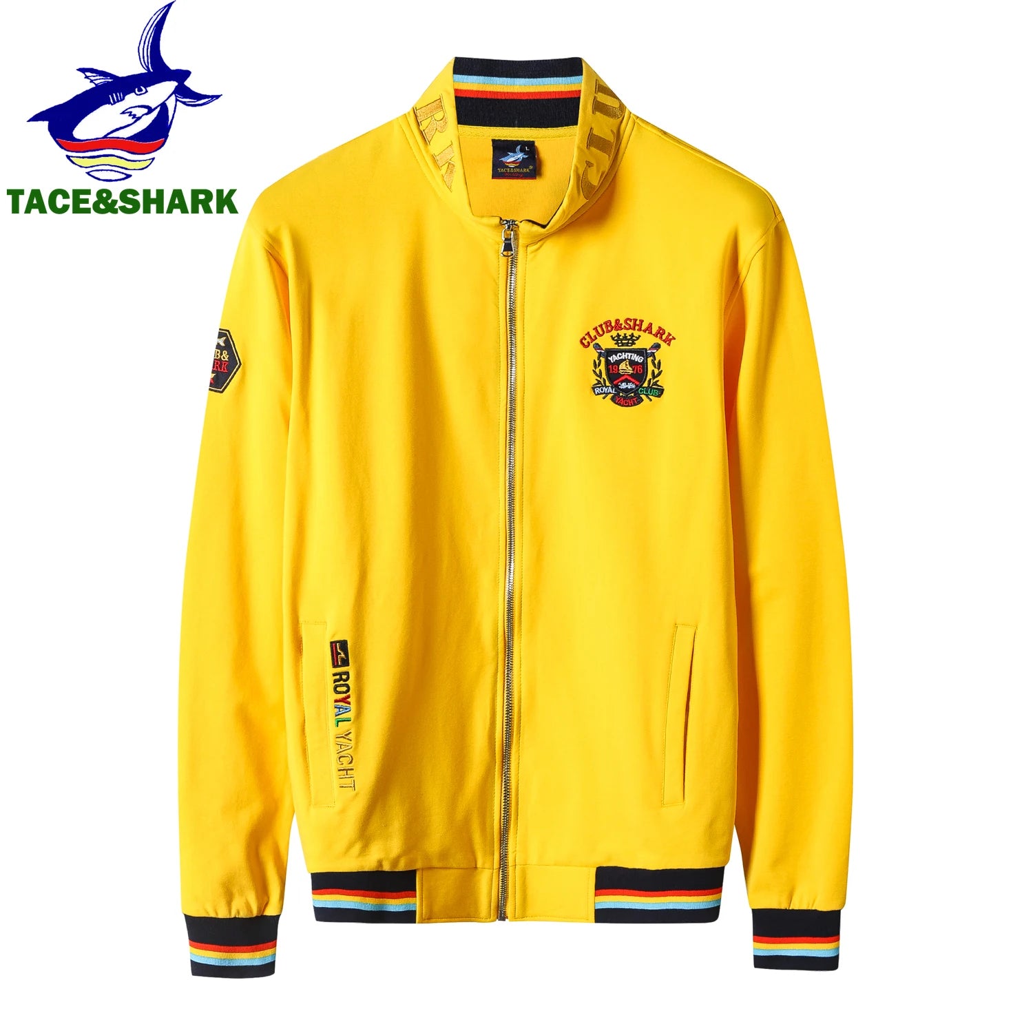 A bright yellow zip-up jacket with a stand collar, featuring a 'Cleveland Browns' team crest on the left chest, a vertical 'Royal Pique' brand print on the right sleeve, and striped ribbed cuffs and hem. The Tace&Shark logo is visible in the top-left corner.