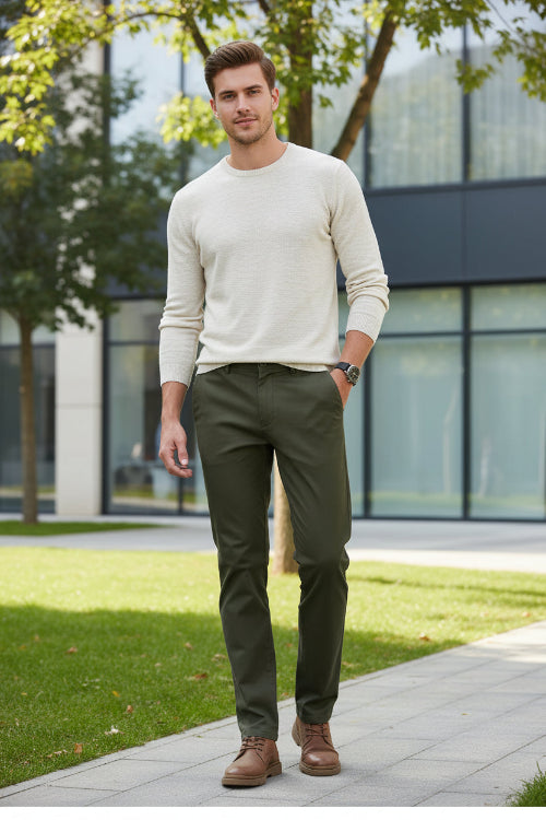 Person wearing green pants with a gray background