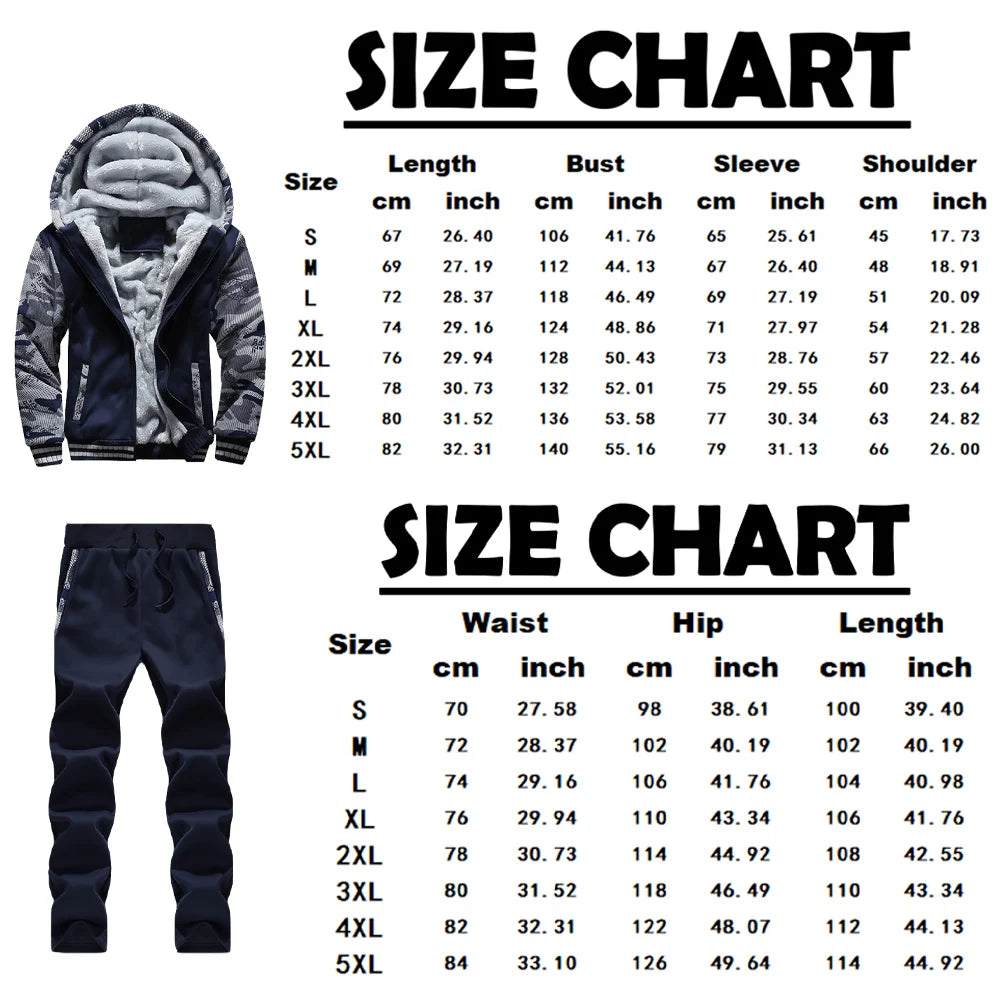 Size chart for clothing with a jacket and pants displayed.
