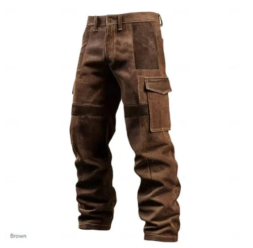 Brown corduroy cargo pants with dark brown contrast panels, belt loops, and flap thigh pockets against a white background.