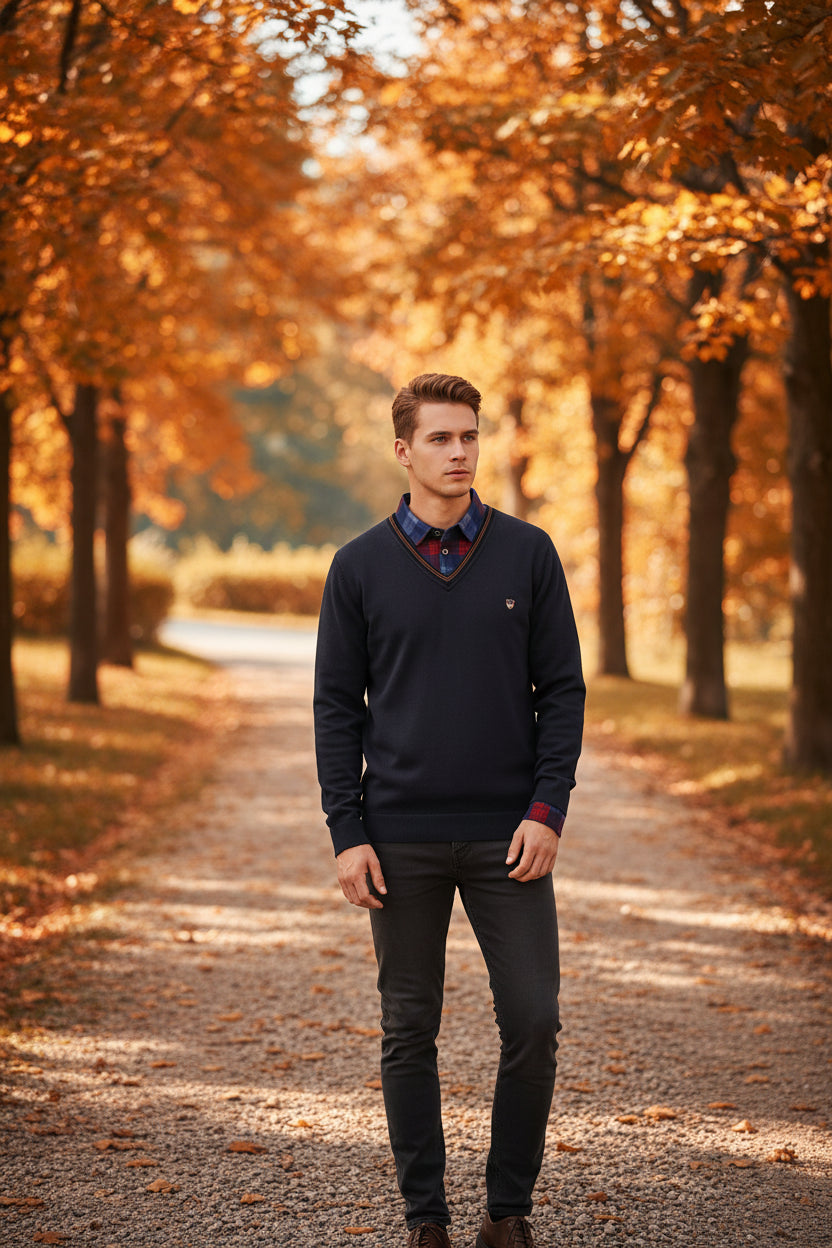 Folded navy blue sweater with plaid pattern on a wooden surface