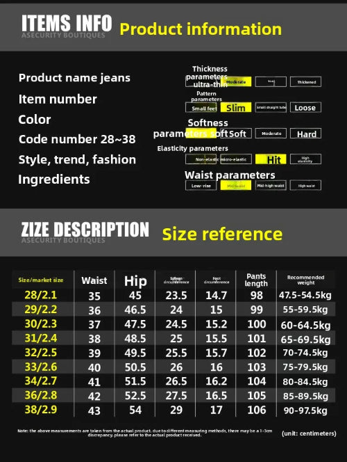 A size and information chart for jeans from Ascology Boutiques, featuring product details like color and sizing parameters 