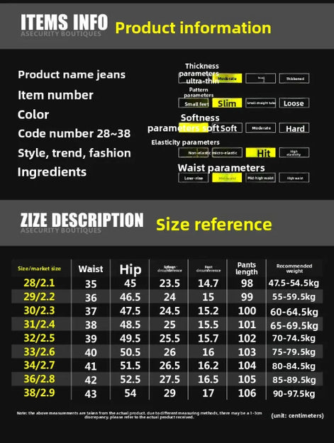 A size and information chart for jeans from Ascology Boutiques, featuring product details like color and sizing parameters 