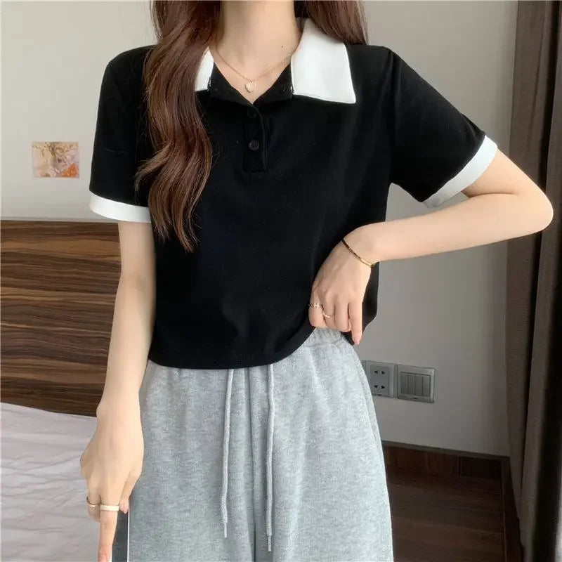 Plain Female Tee Slim Women's Polo Shirts T-shirts Short Sleeve T-shirt in Trend 2025 Youthful Clothes Korean Clothing Elegant