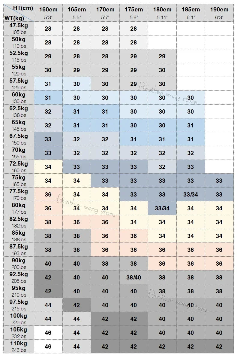 Height-to-waist measurement chart for clothing sizes.