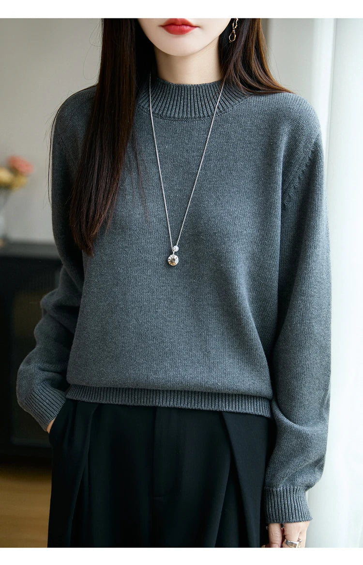 100% Pure Cotton Women's Knitted Sweater Solid Color Round Neck Pullover Loose Cotton Sweater Autumn and Winter New Women's Top