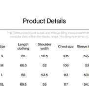Product details table with size measurements in centimeters for clothing items.