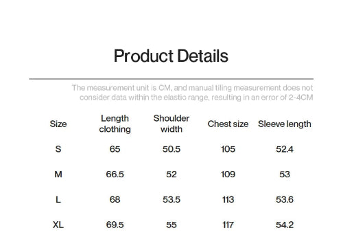 Product details table with size measurements in centimeters for clothing items.