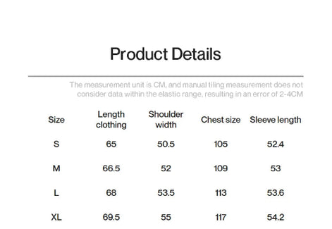 Product details table with size measurements in centimeters for clothing items.
