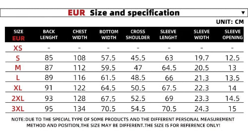 Size chart for clothing with measurements in centimeters