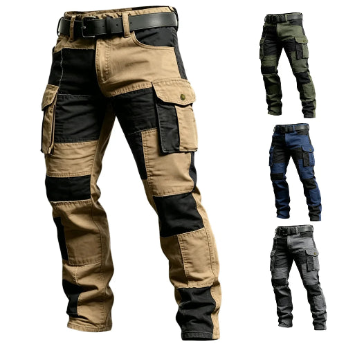 Khaki and black color-block cargo pants with multiple flap pockets, alongside smaller views of green, navy blue, and gray options with black panels.