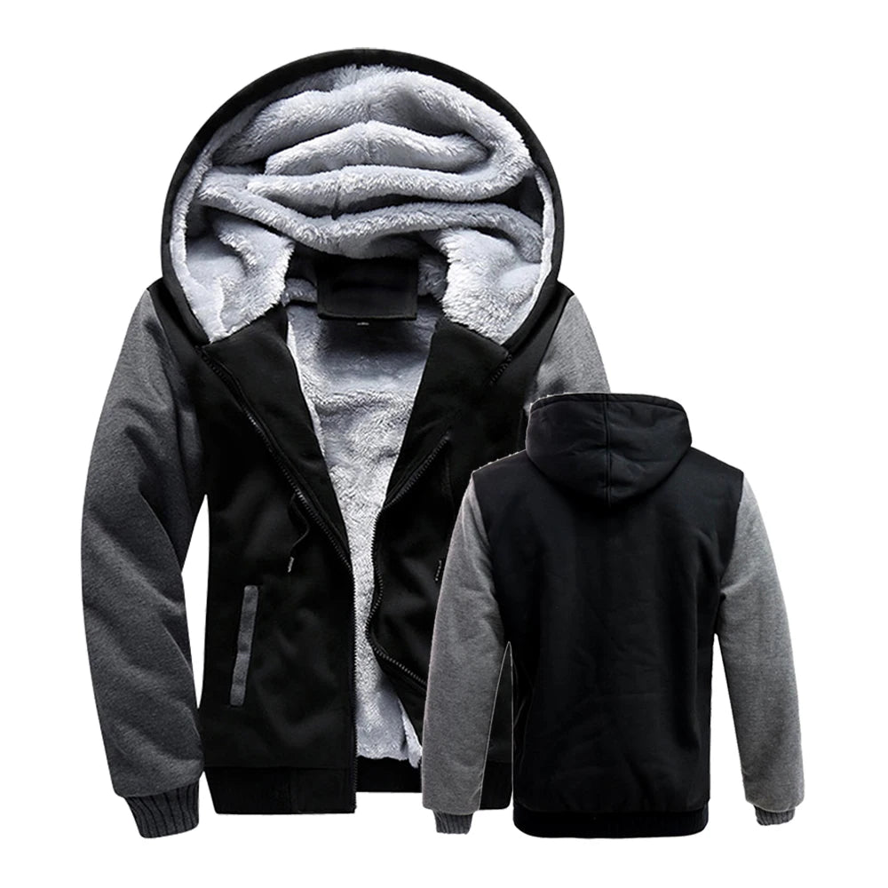 Black and gray hoodie with fleece lining on a white background