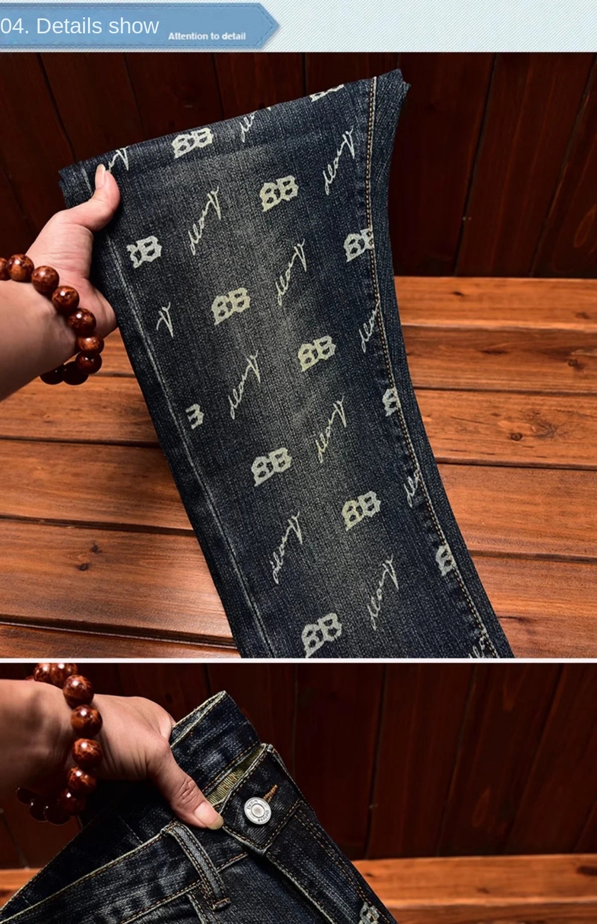 Autumn and winter light luxury printed jeans MEN'S slim fit skinny elastic trend fashionable retro blue denim trove
