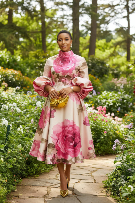 Woman wearing a floral dress with close-up insets of fabric texture and design.