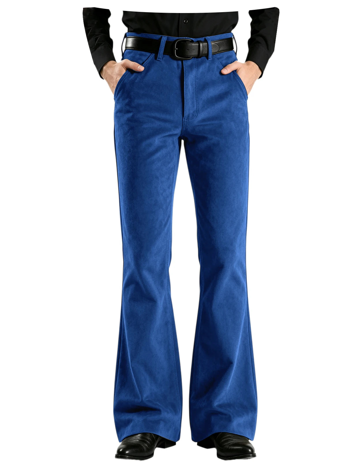 A person wearing bright royal blue flared pants with a black belt and black shoes, shown from the waist down against a plain white background.