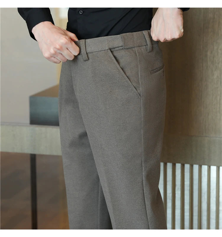 2025 Autumn and Winter Coffee Stretchable Waist Thickened Brushed Casual Pants for Men,multi-color Thick Men's Woolen Suit Pants