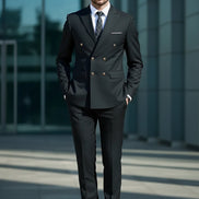 Man wearing a black suit with a blurred background