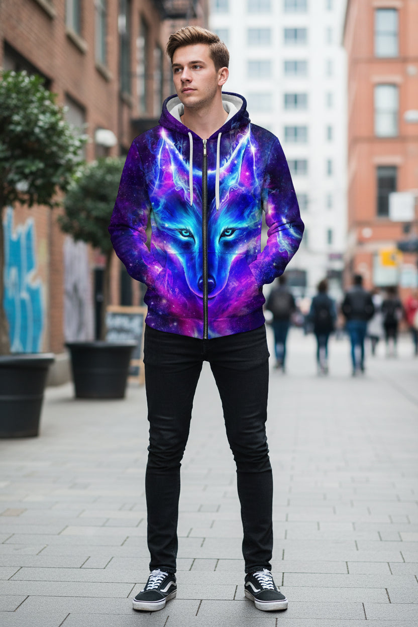 Hoodie with a wolf design in purple and blue colors on a white background