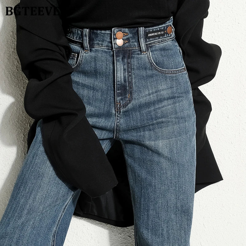 BGTEEVER Vintage Double Buttons Straight Jeans Pants Women Spring Autumn High Waist Loose Pockets Female Wide Leg Denim Trousers