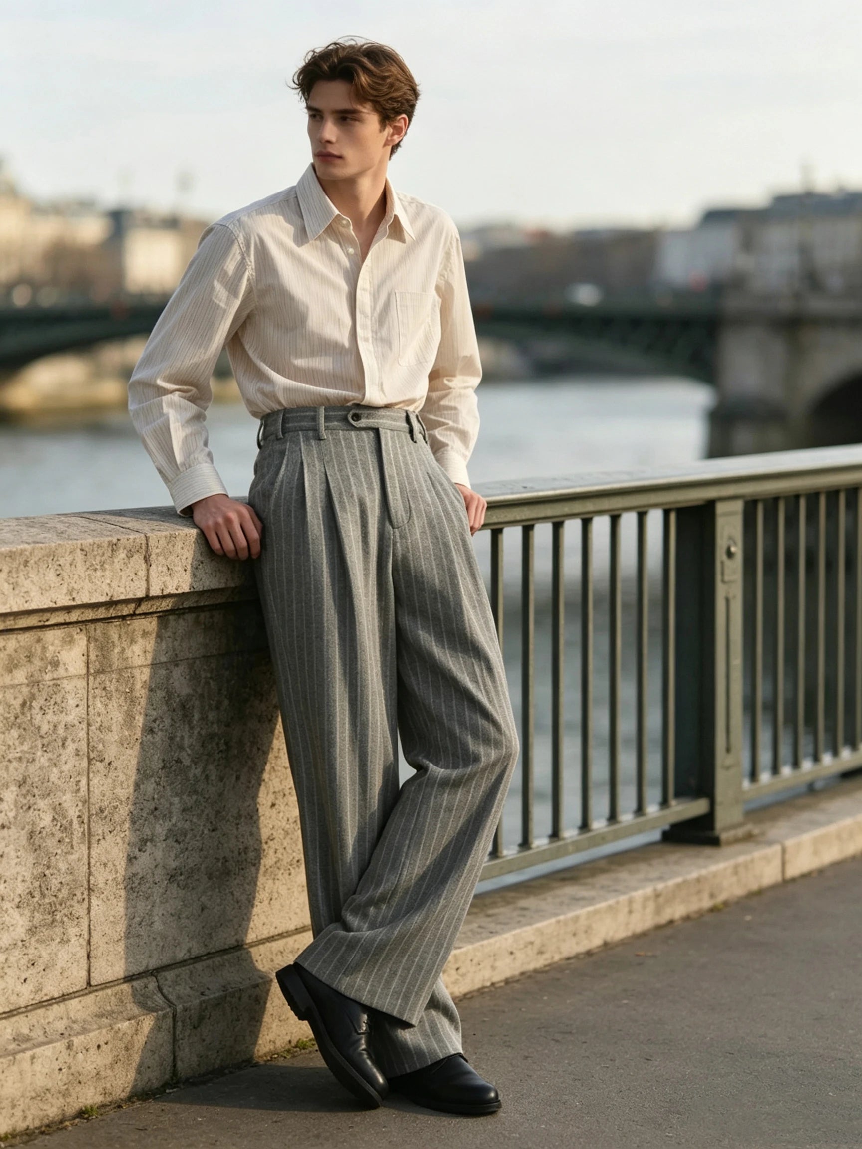 Men's Striped Dress Pants Old Money Wide Leg Baggy Pleated Casual Pinstriped Trousers Loose Fit Elastic Waist Vintage Slacks