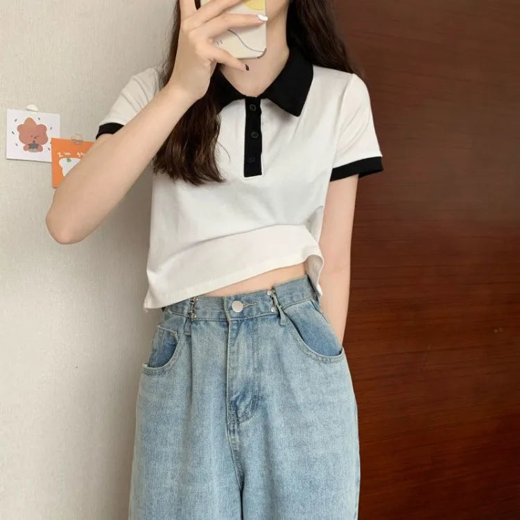 Summer 2026 Women New Arrival Slim Fit Versatile Polo Collar Color Block Short T Shirt Short Sleeve Unique Top Ins Trendy