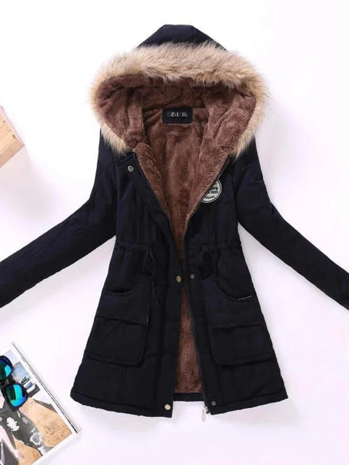 Black winter coat with brown fur hood on a white background