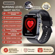 Smartwatch with heart rate monitor display and feature list on a beige background