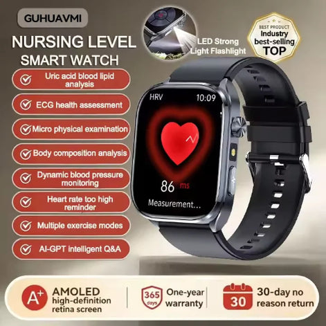 Smartwatch with heart rate monitor display and feature list on a beige background