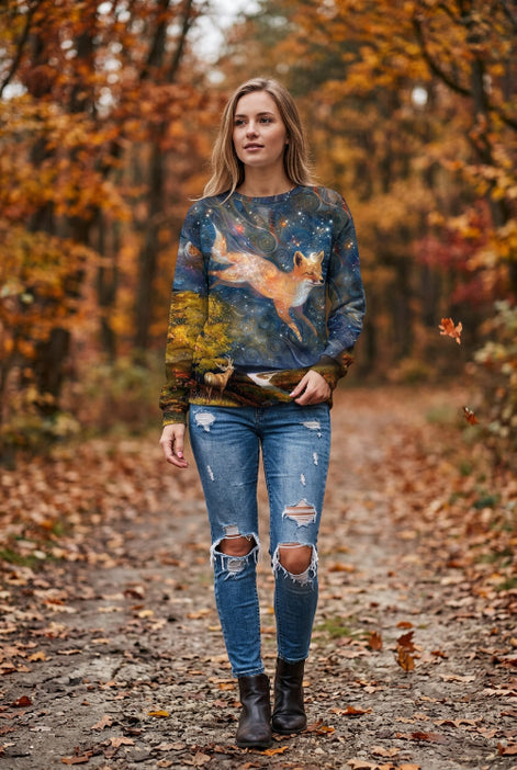 A woman wearing a long-sleeve crewneck sweatshirt with a detailed fantasy print of a fox in a starry night sky over a forest, paired with blue jeans.