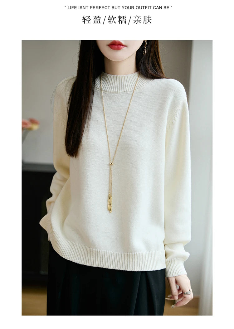 100% Pure Cotton Women's Knitted Sweater Solid Color Round Neck Pullover Loose Cotton Sweater Autumn and Winter New Women's Top