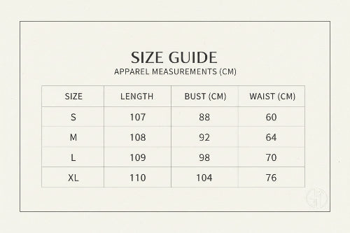 Table displaying clothing size chart with measurements in centimeters