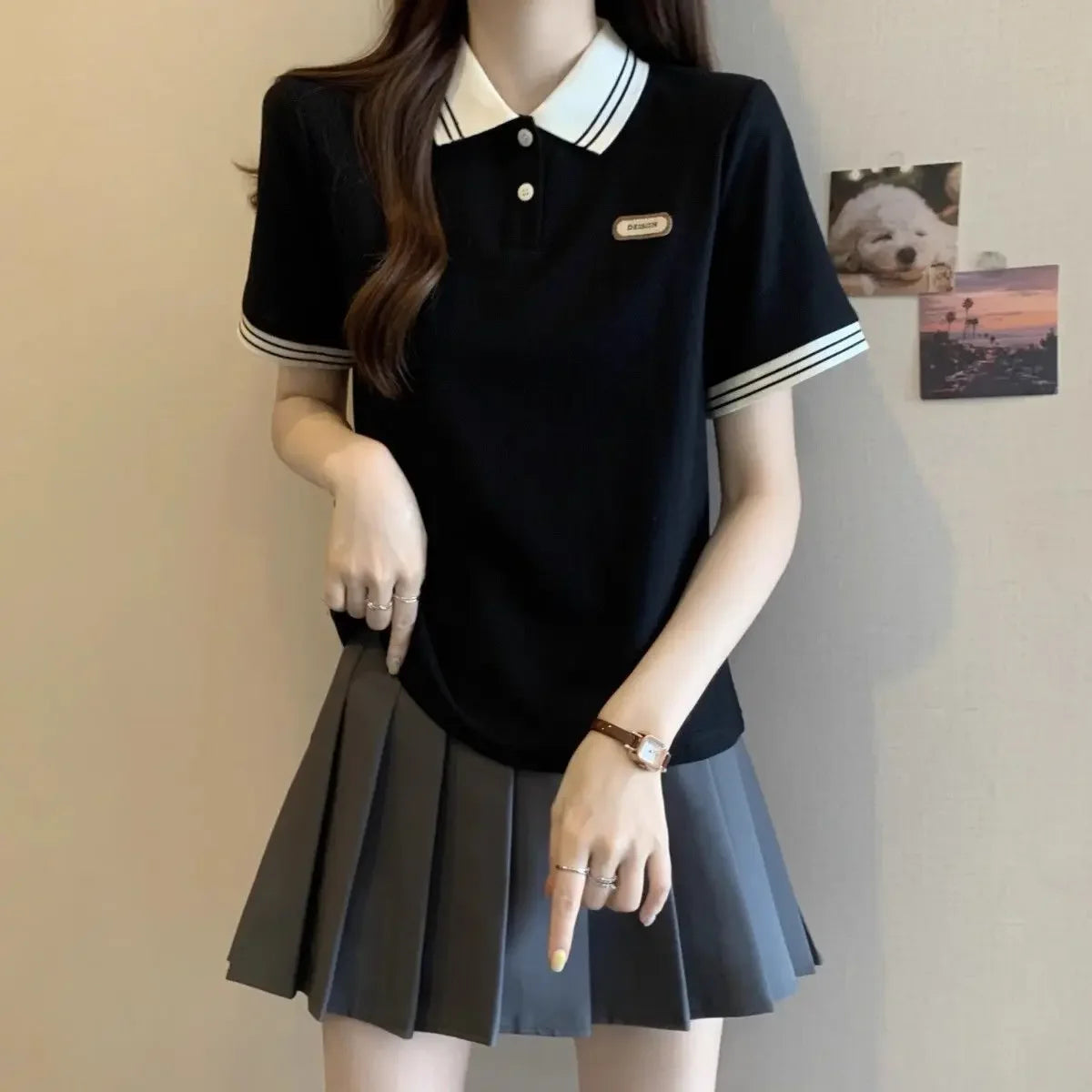 Baggy Female Tee Women's Polo Short Sleeve T-shirt Korean Clothing Youthful Elegant in Trend 2025 Sales Youth Aesthetic T-shirts