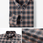 A folded long-sleeve plaid button-up shirt shown on a light gray background, with two smaller detail panels below: one showing the collar and button plackets