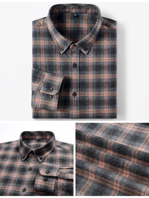 A folded long-sleeve plaid button-up shirt shown on a light gray background, with two smaller detail panels below: one showing the collar and button plackets
