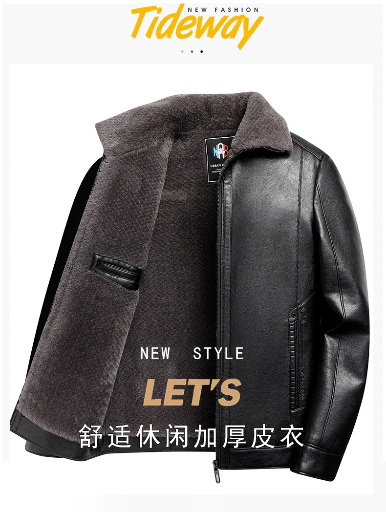 Add Fleece and Thickening Winter Dad Leather Jacket for Middle-aged Grandpa Fur Collar Middle-aged Men's Coat for Warmth