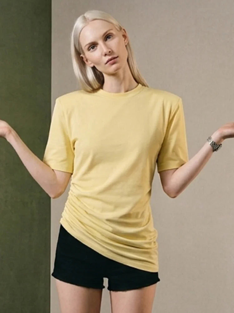 Versatile Regular-shoulder T-shirts Women Casual White Round Neck Irregular Hem Pleated Short Top Summer Lady Street Wear New