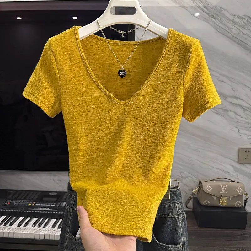 Short Sleeve Simplicity Solid Street Casual T Shirts New Women Clothing V Neck All-match Fashion Tops Lazy Style Trend Summer