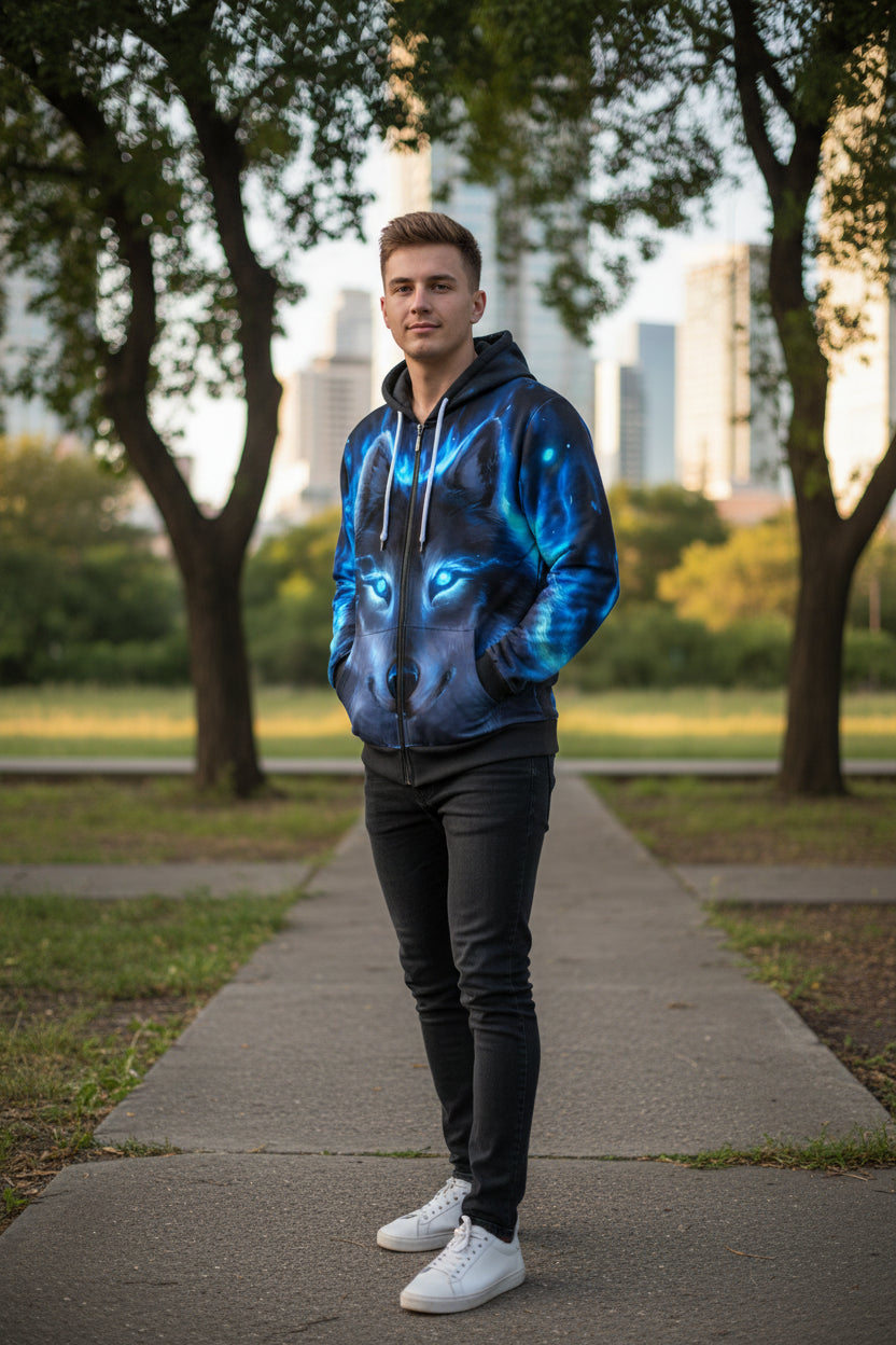 Hoodie with a wolf design featuring blue glowing eyes on a white background