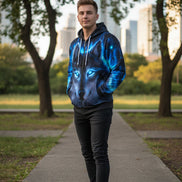 Hoodie with a wolf design featuring blue glowing eyes on a white background