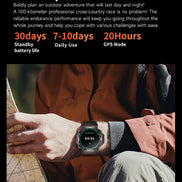 Person wearing a smartwatch with text about battery life on a black background