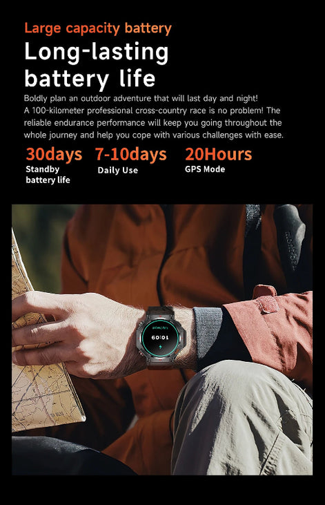 Person wearing a smartwatch with text about battery life on a black background