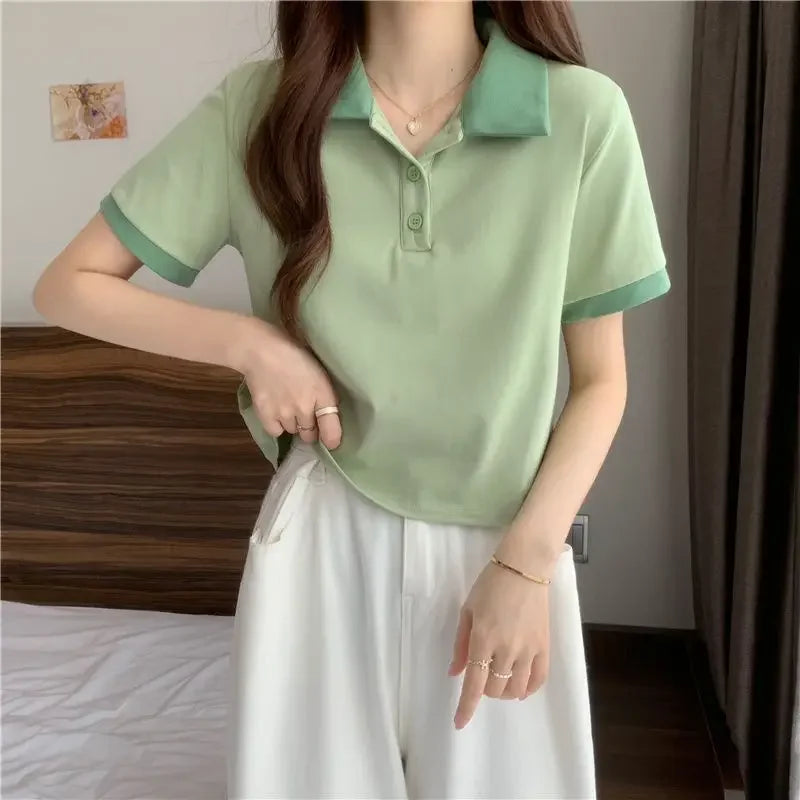 Plain Female Tee Slim Women's Polo Shirts T-shirts Short Sleeve T-shirt in Trend 2025 Youthful Clothes Korean Clothing Elegant