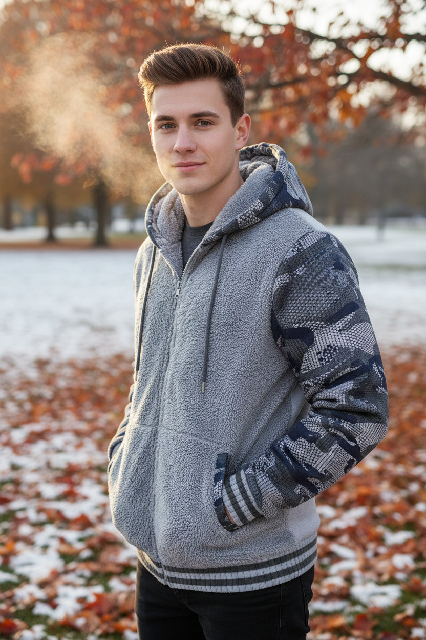 Gray and white hoodie with camouflage sleeves on a white background