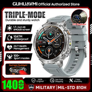 Smartwatch with features highlighted on a promotional graphic for GUHUAVMI.