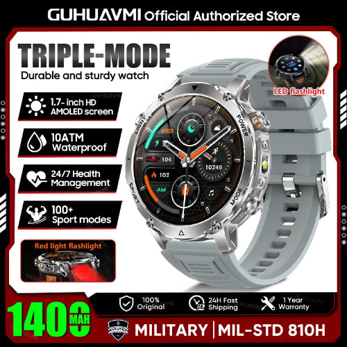 Smartwatch with features highlighted on a promotional graphic for GUHUAVMI.