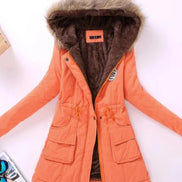 Orange winter coat with fur-lined hood on a white background