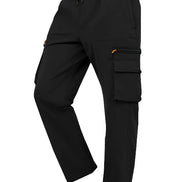 Black cargo pants with cargo pockets and a drawstring waist shown at an angle on a white background