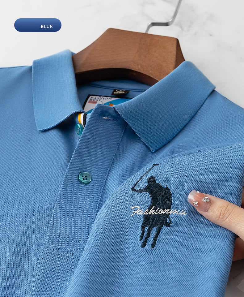 Luxury Embroidery Men's Polo Shirt Summer Thin Breathable 100%Cotton Black Navy Blue Lapel Short-Sleeved Tops Brand Clothing
