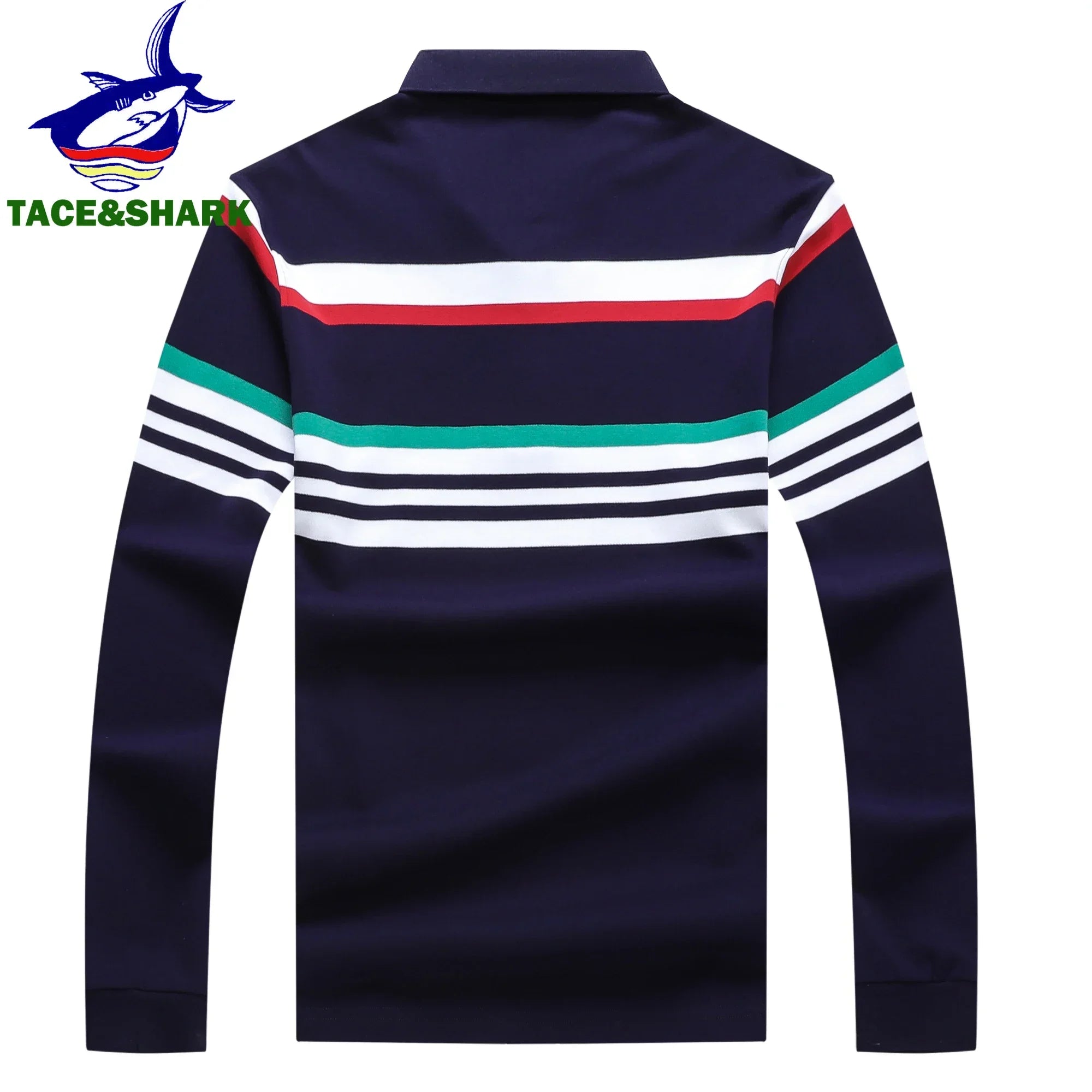 Navy blue long-sleeve polo shirt with colorful stripes on a white background