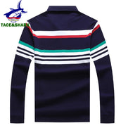 Navy blue long-sleeve polo shirt with colorful stripes on a white background